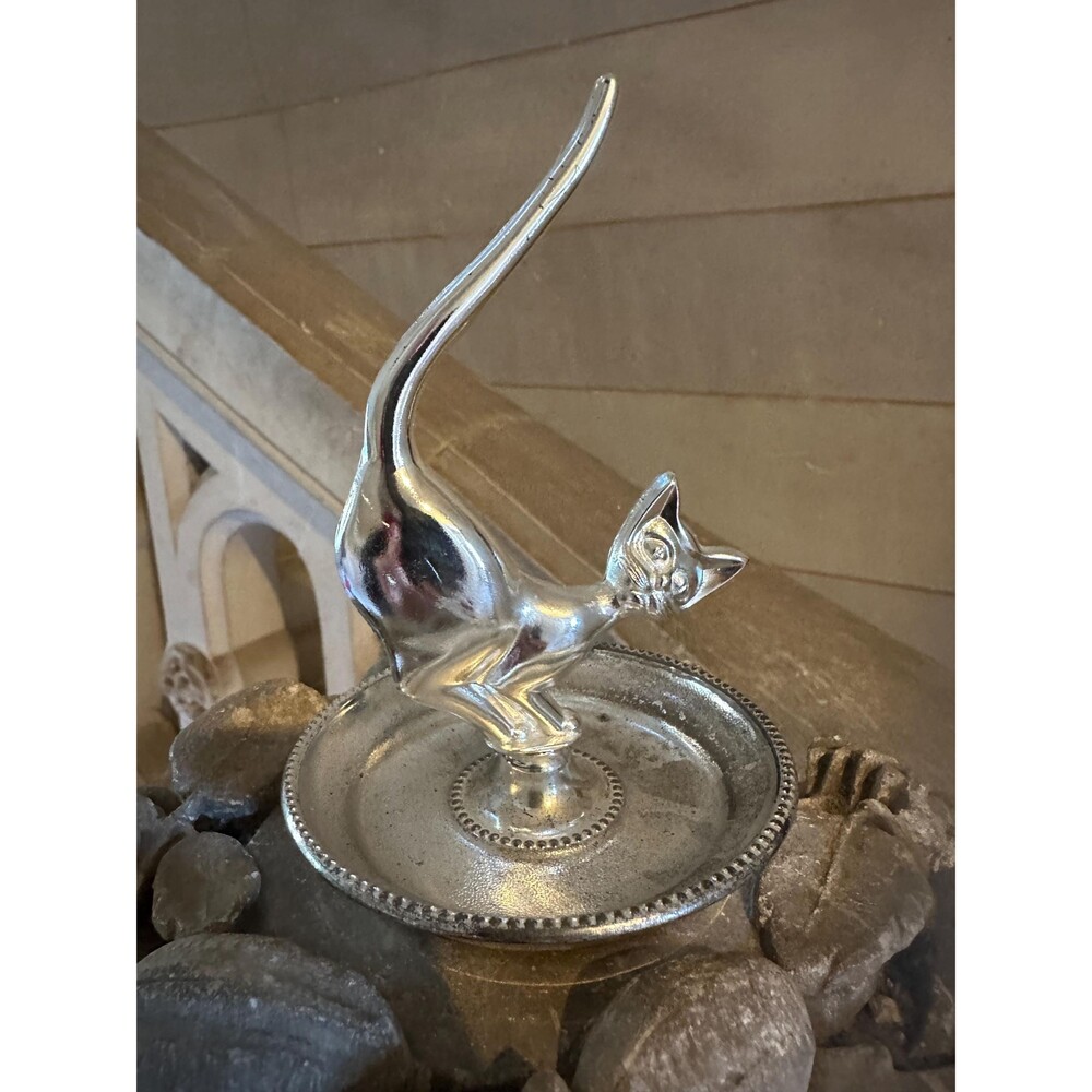 Vintage British Cat Ring Holder: Made in England, Silver Tone Dish, Nostallgic